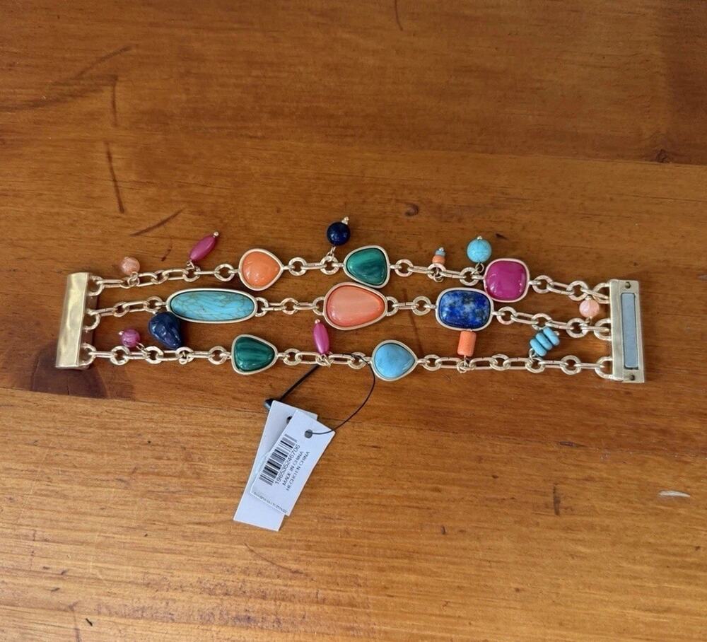 Chico’s NWT Gold Tone Multi Strand Bracelet Colorful Stones Magnetic Clasp
